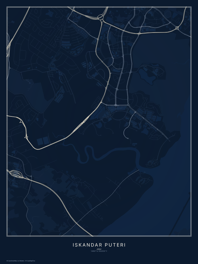 Iskandar Puteri map poster, midnight style
