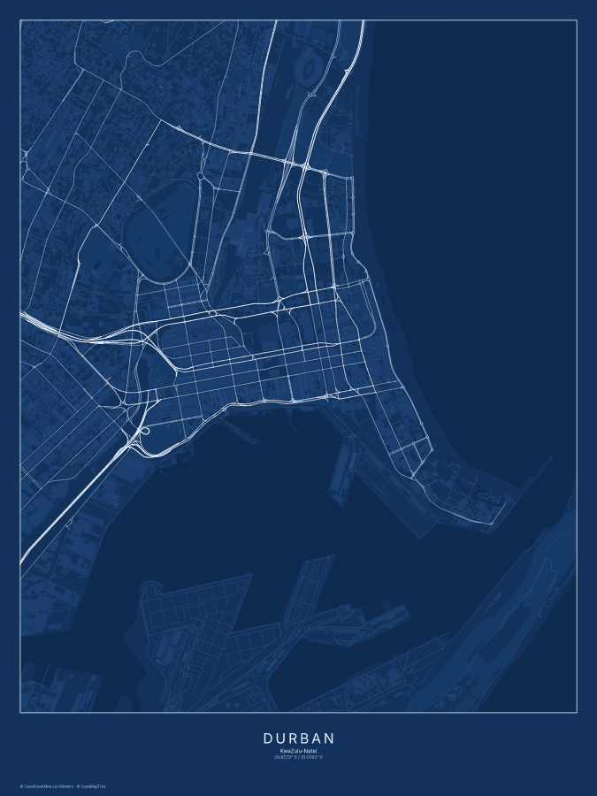 Durban map poster, blueprint style