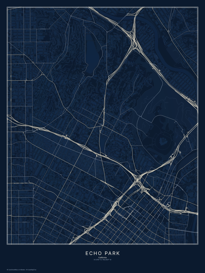 Echo Park map poster, midnight style