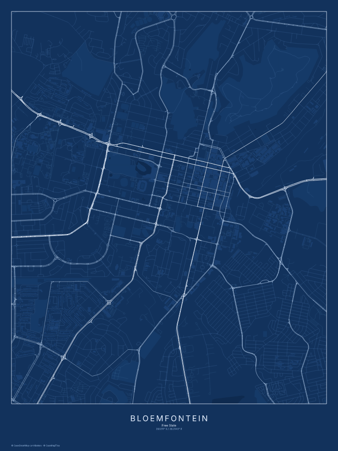 Bloemfontein map poster, blueprint style