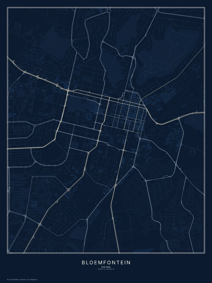 Bloemfontein map poster, midnight style
