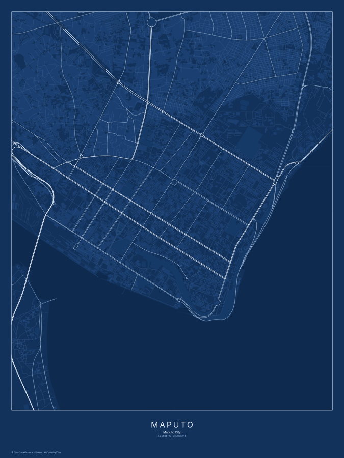 Maputo map poster, blueprint style