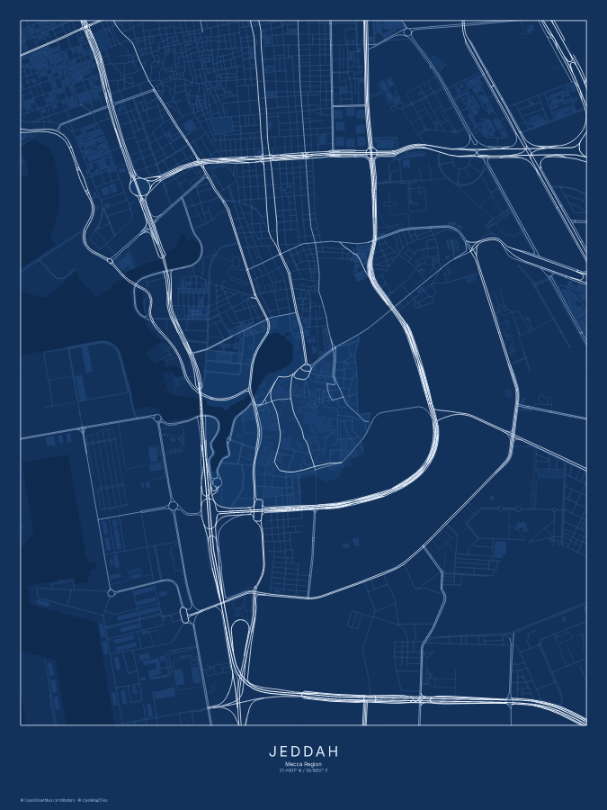 Jeddah map poster, blueprint style