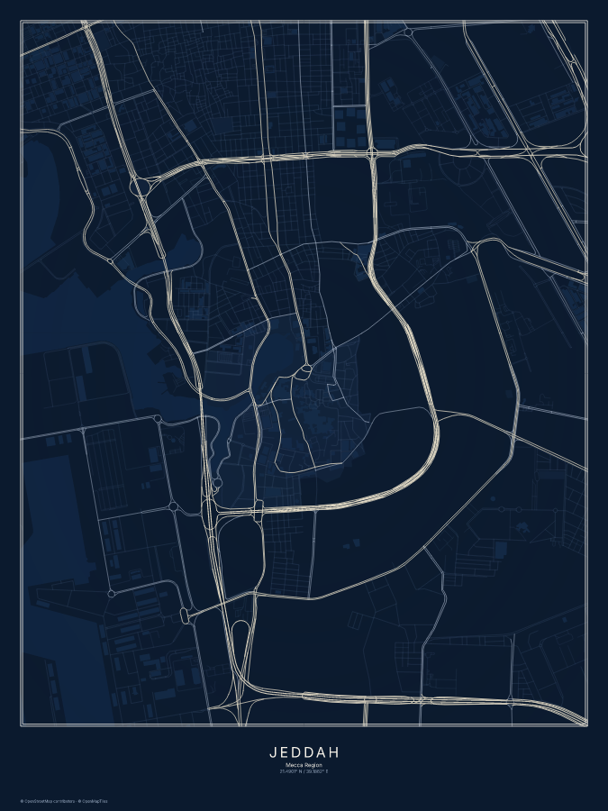 Jeddah map poster, midnight style