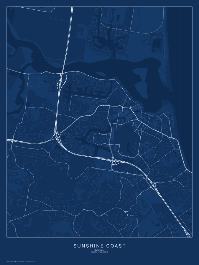 Sunshine Coast map poster, blueprint style