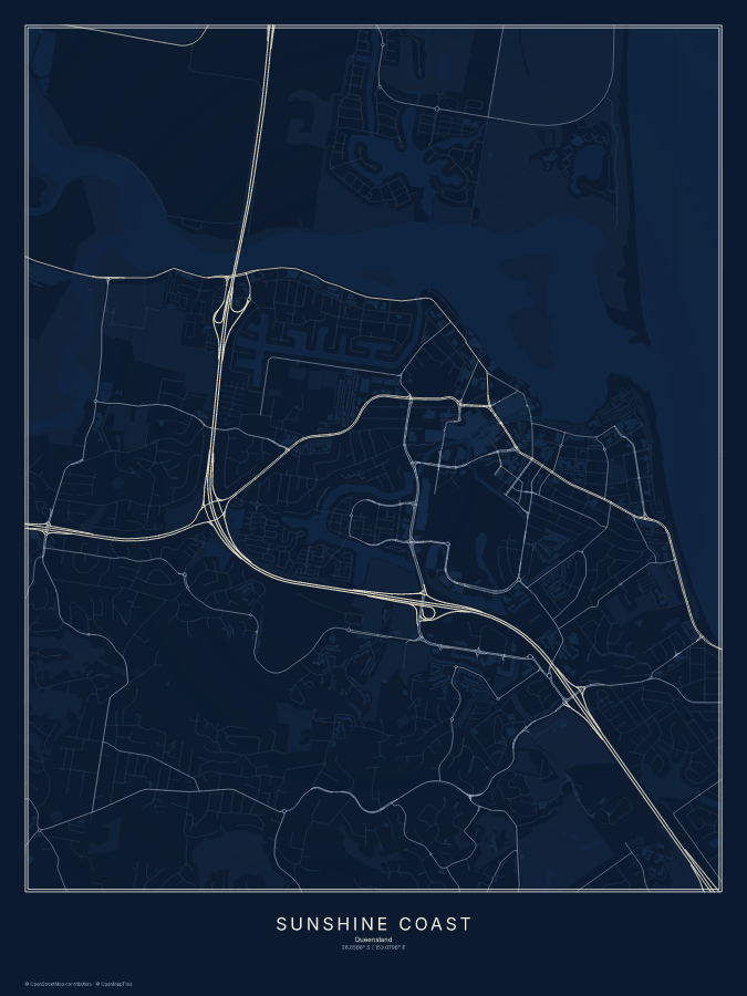 Sunshine Coast map poster, midnight style