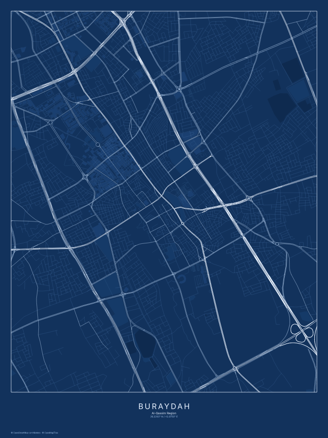 Buraydah map poster, blueprint style
