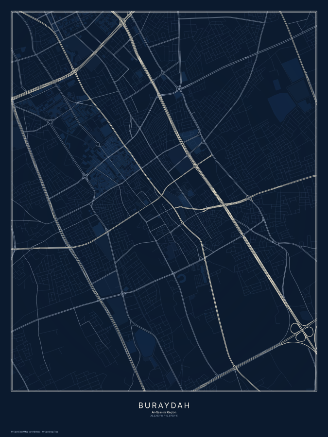 Buraydah map poster, midnight style