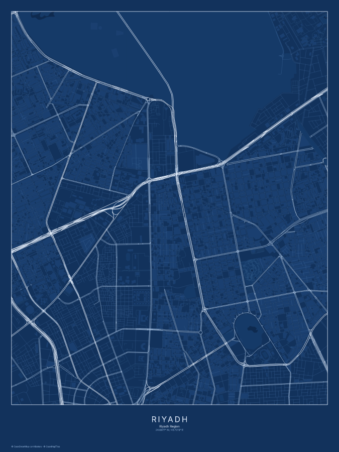 Riyadh map poster, blueprint style