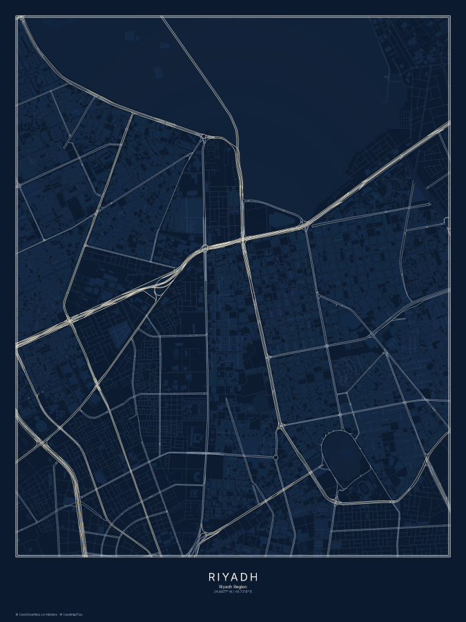 Riyadh map poster, midnight style