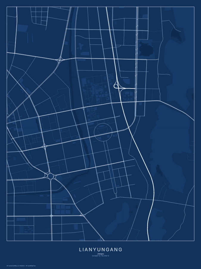 Lianyungang map poster, blueprint style
