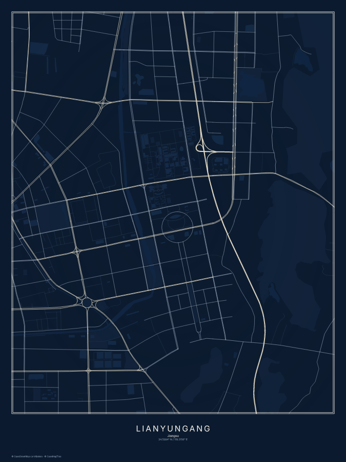 Lianyungang map poster, midnight style
