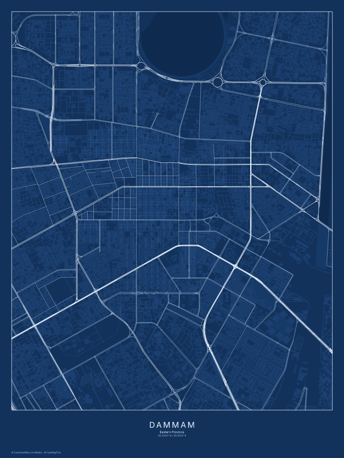 Dammam map poster, blueprint style