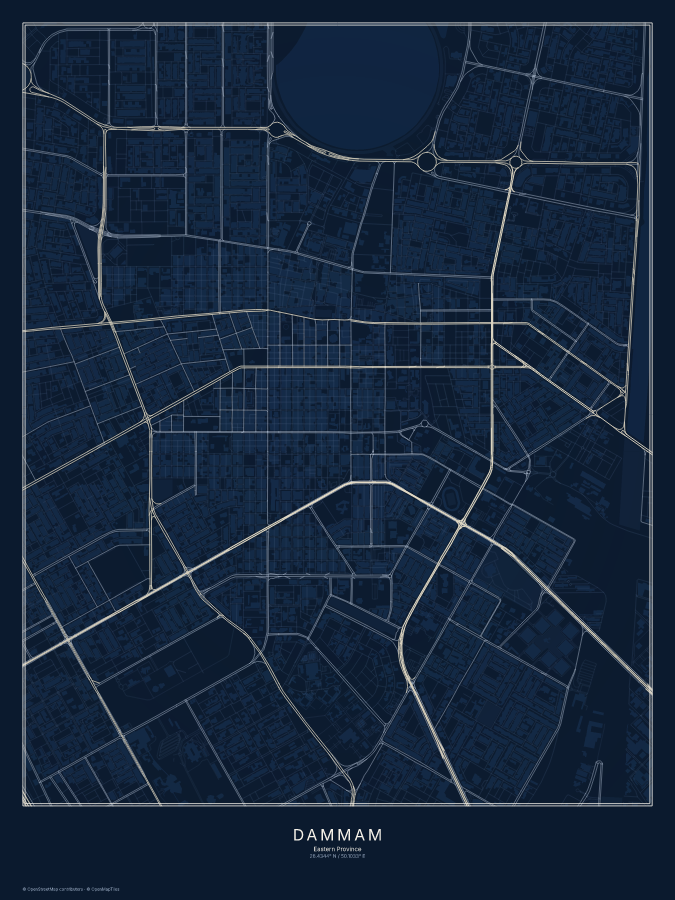 Dammam map poster, midnight style
