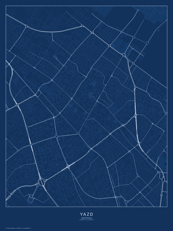 Yazd map poster, blueprint style