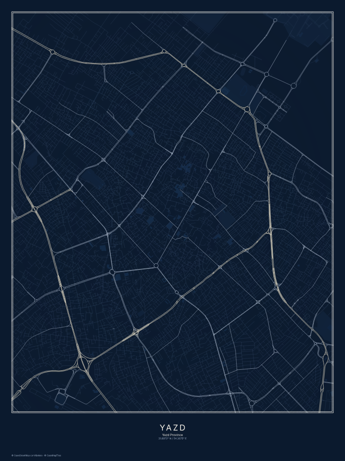 Yazd map poster, midnight style