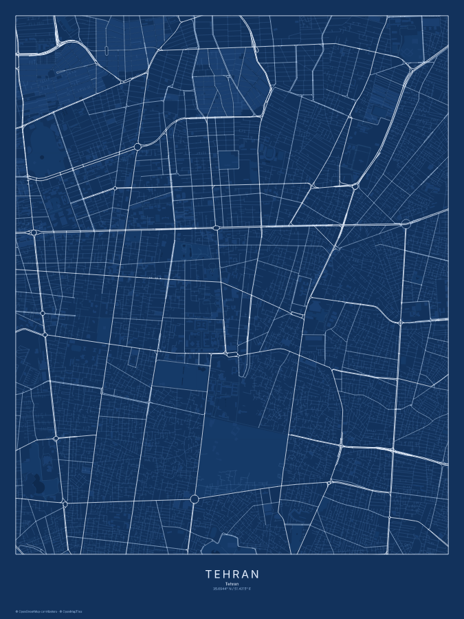 Tehran map poster, blueprint style