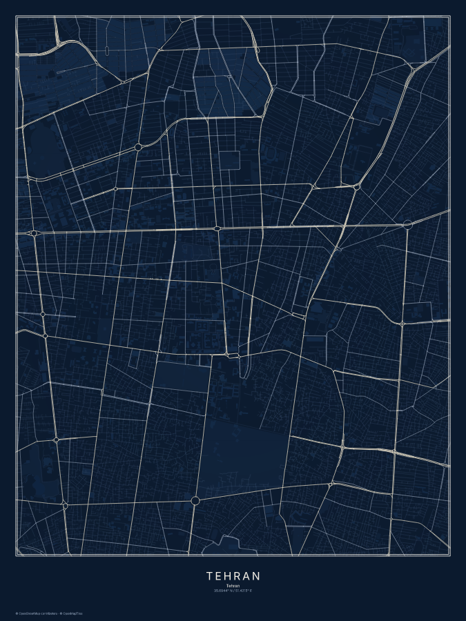 Tehran map poster, midnight style
