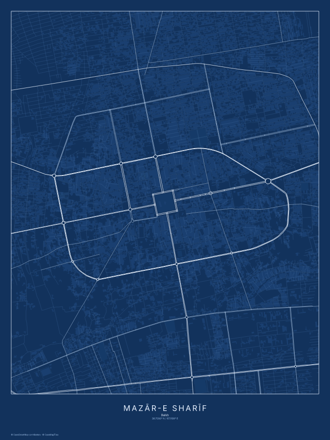 Mazār-e Sharīf map poster, blueprint style