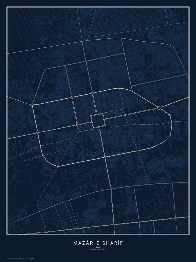 Mazār-e Sharīf map poster, midnight style