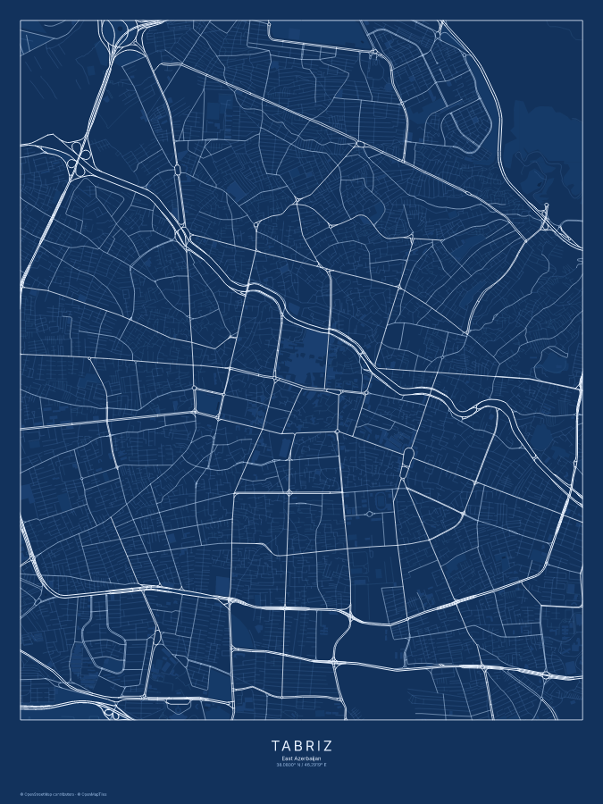 Tabriz map poster, blueprint style