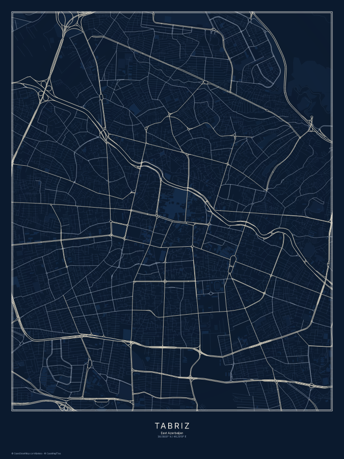 Tabriz map poster, midnight style
