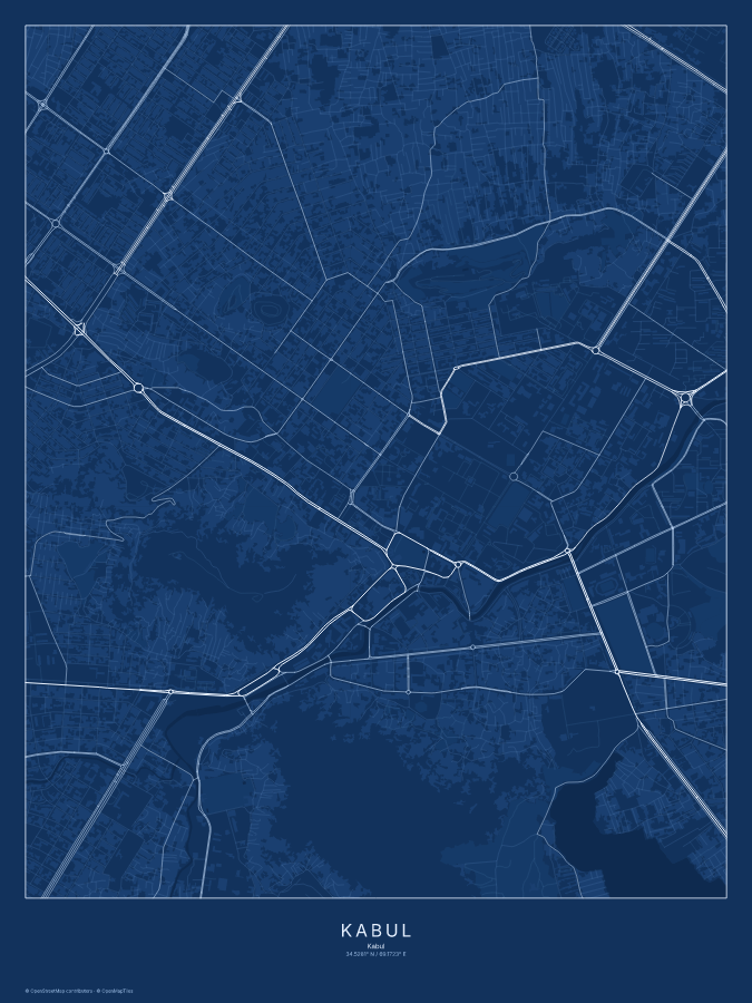 Kabul map poster, blueprint style