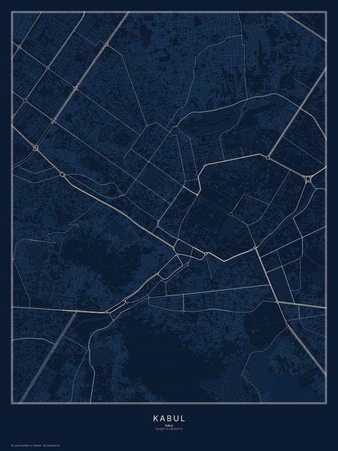 Kabul map poster, midnight style