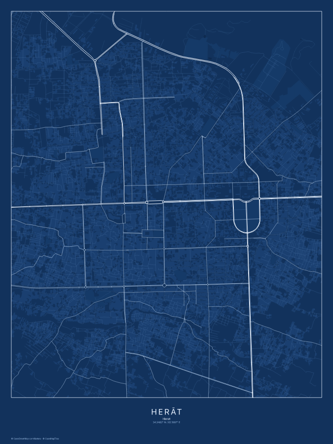 Herāt map poster, blueprint style