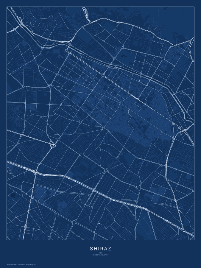 Shiraz map poster, blueprint style