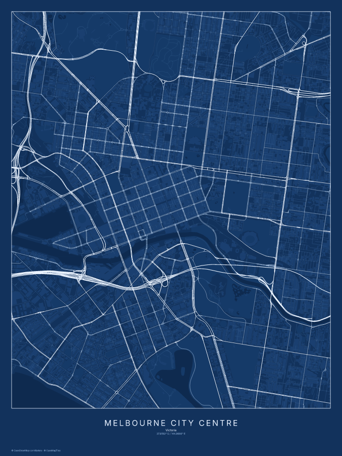 Melbourne City Centre map poster, blueprint style