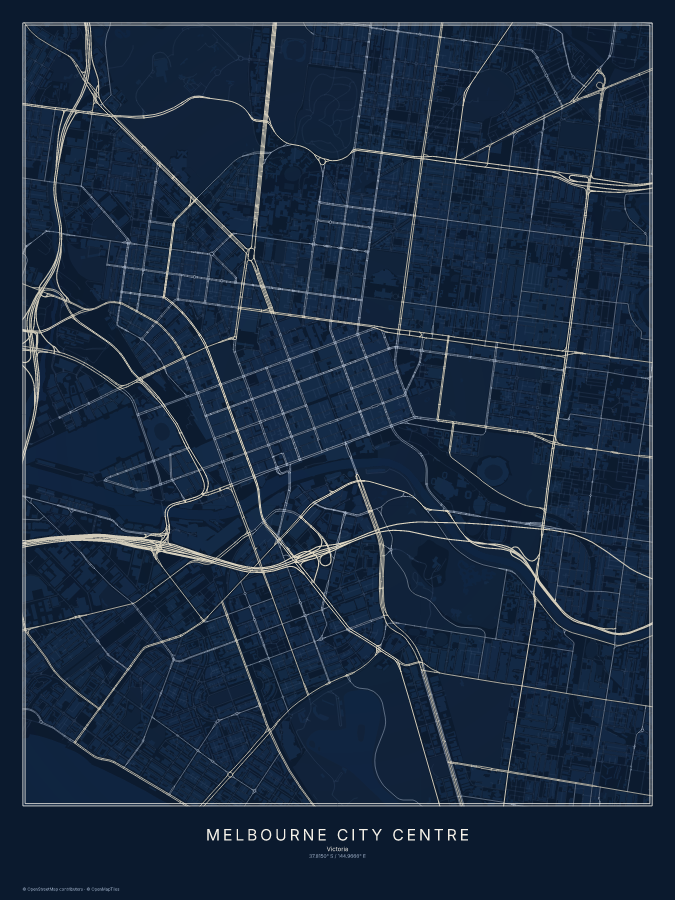 Melbourne City Centre map poster, midnight style