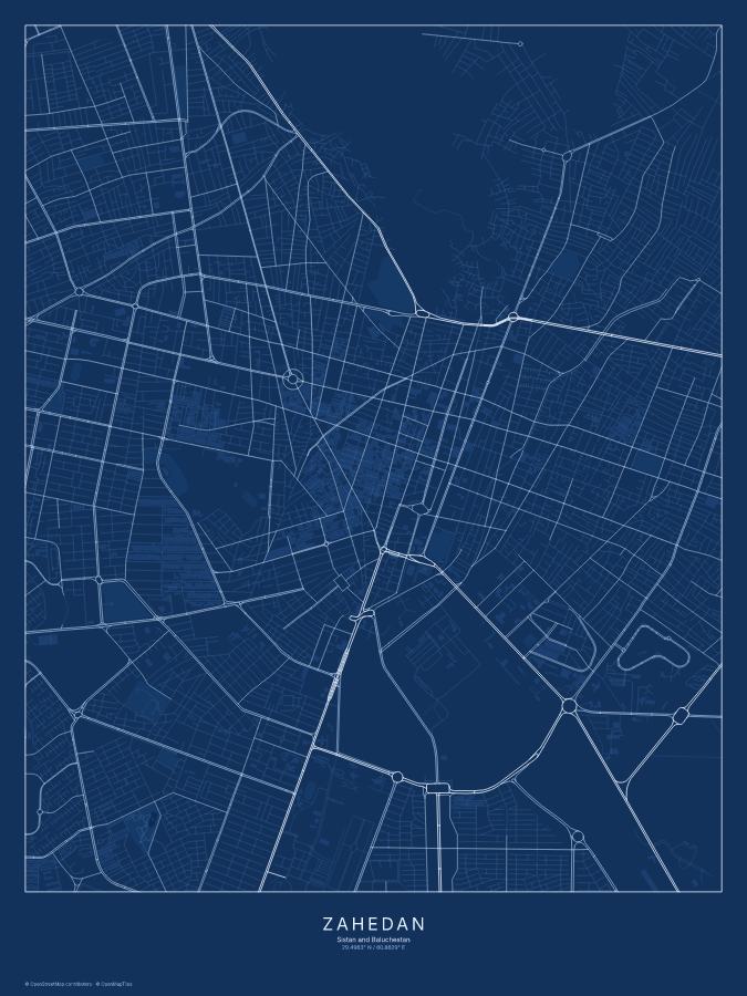Zahedan map poster, blueprint style