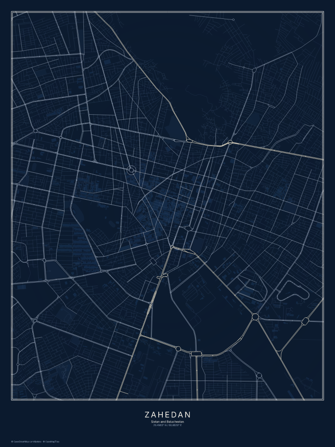 Zahedan map poster, midnight style