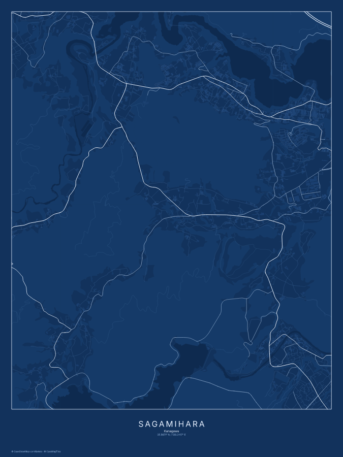 Sagamihara map poster, blueprint style