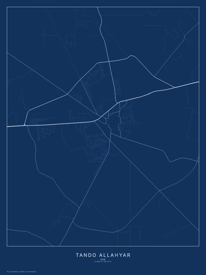 Tando Allahyar map poster, blueprint style