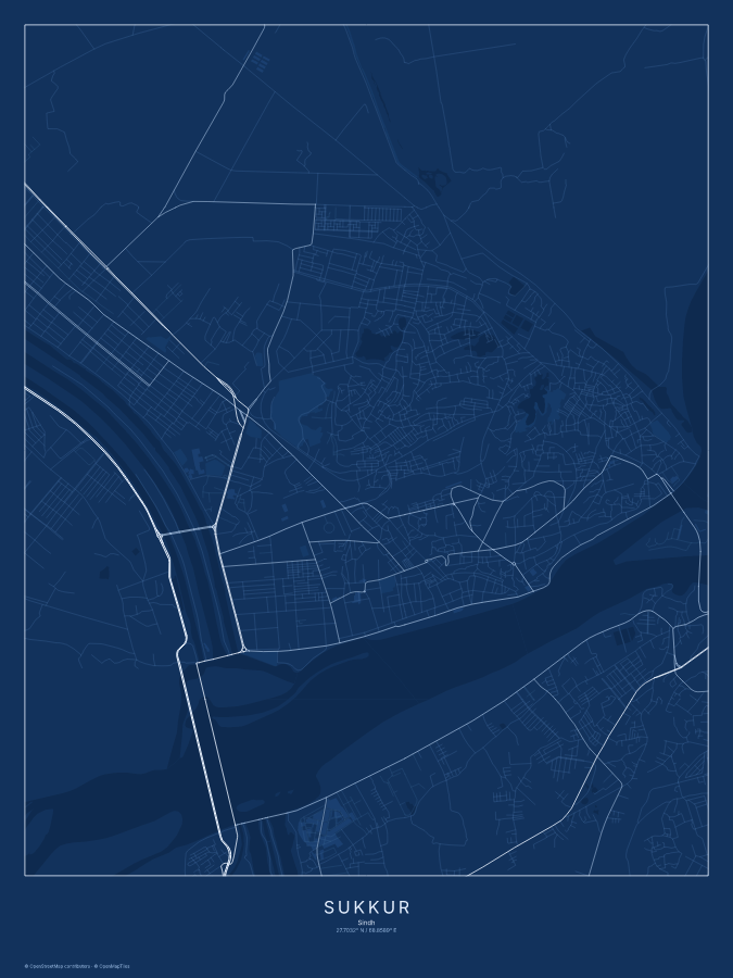 Sukkur map poster, blueprint style