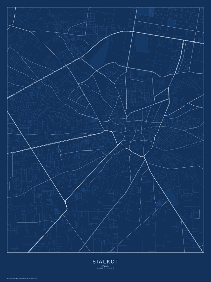 Sialkot map poster, blueprint style
