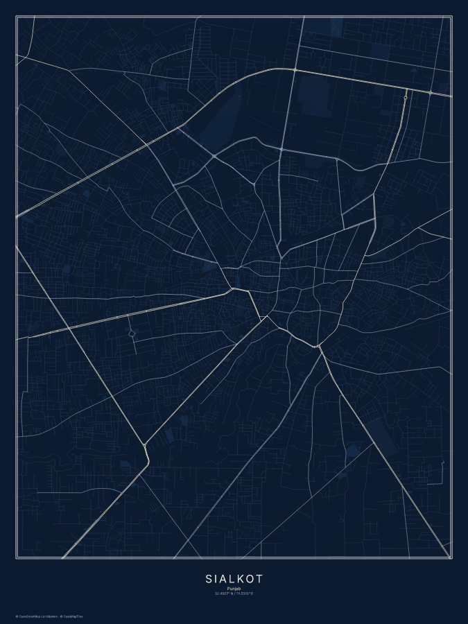 Sialkot map poster, midnight style