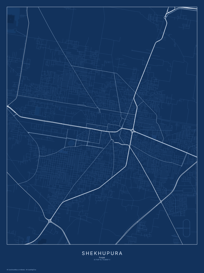 Shekhupura map poster, blueprint style