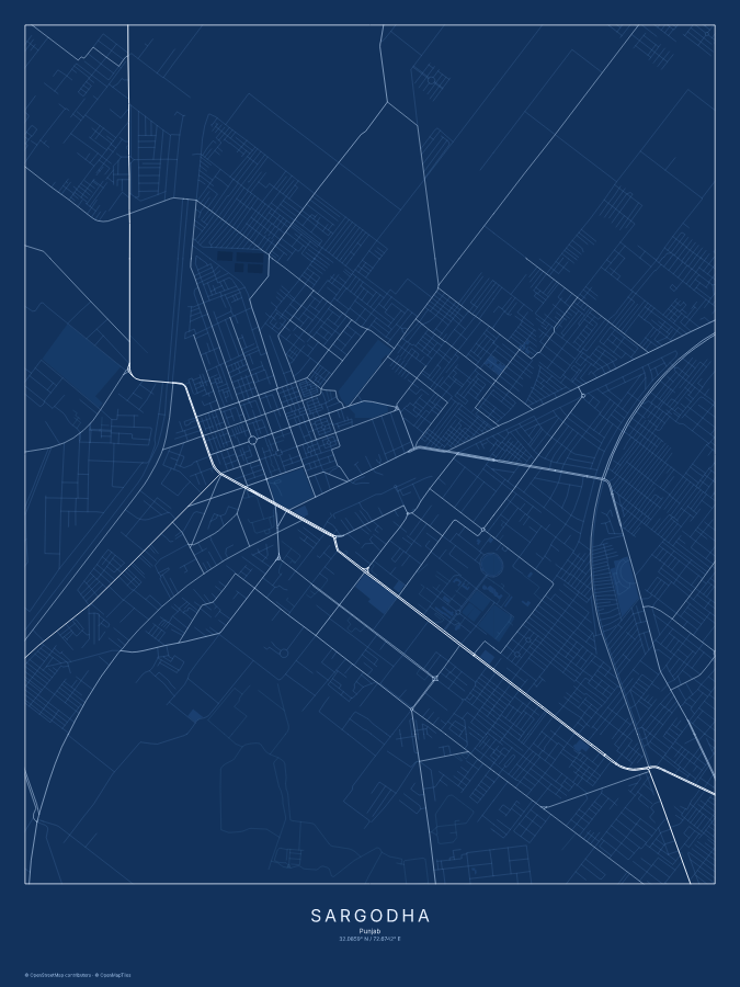 Sargodha map poster, blueprint style