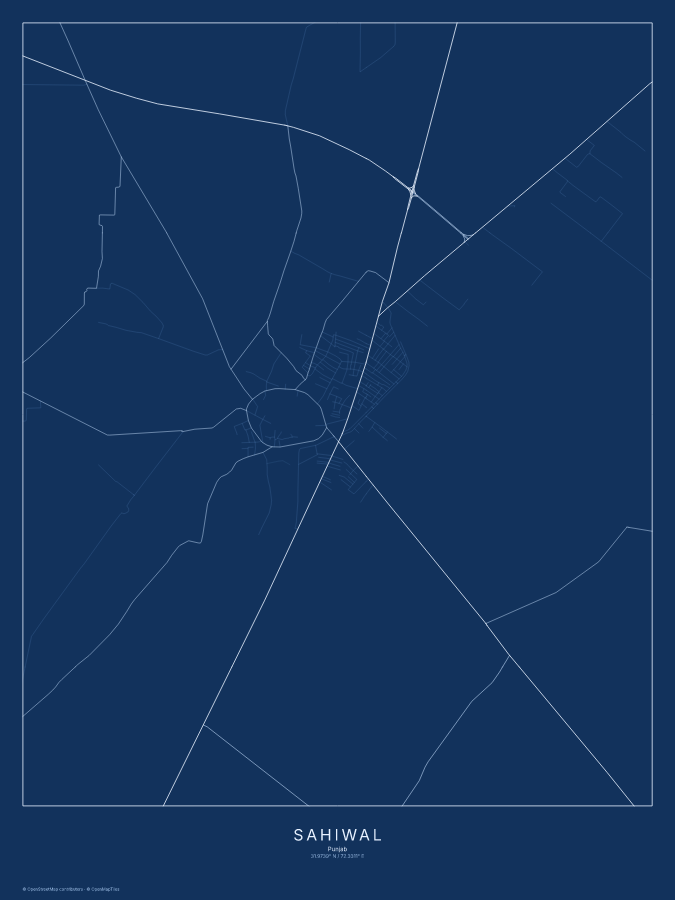 Sahiwal map poster, blueprint style