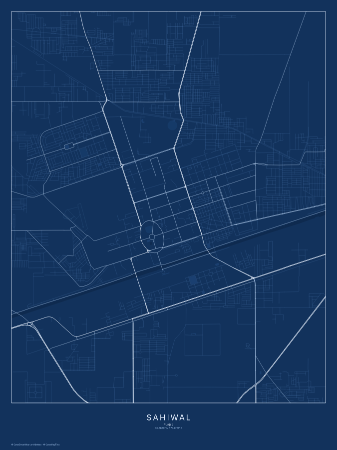 Sahiwal map poster, blueprint style