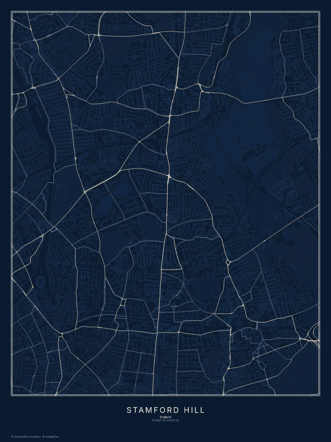 Stamford Hill map poster, midnight style