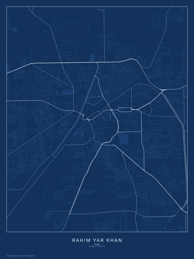 Rahim Yar Khan map poster, blueprint style