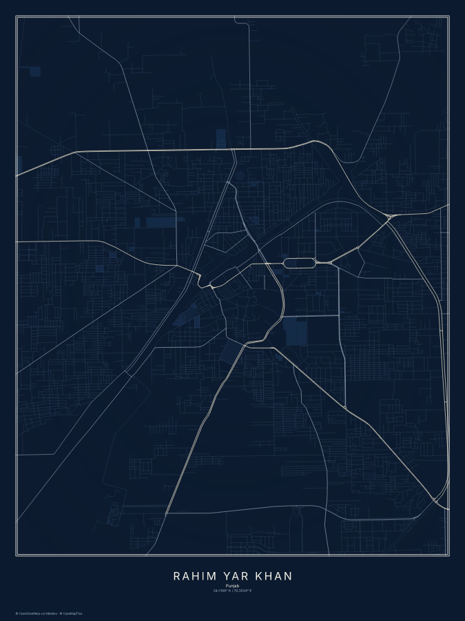 Rahim Yar Khan map poster, midnight style