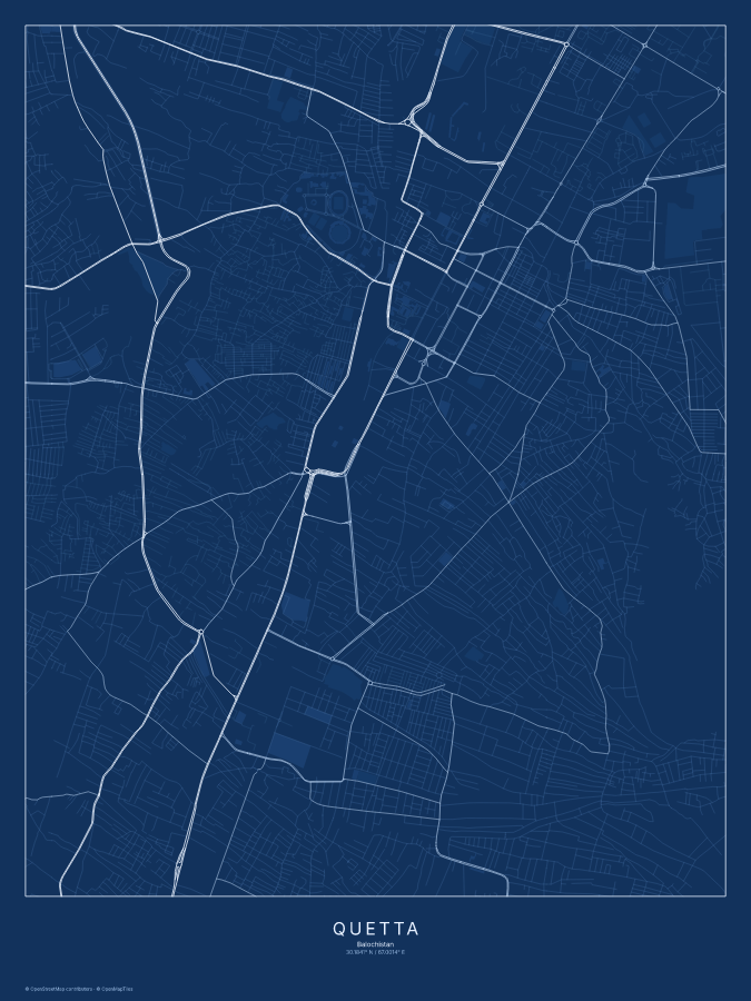 Quetta map poster, blueprint style