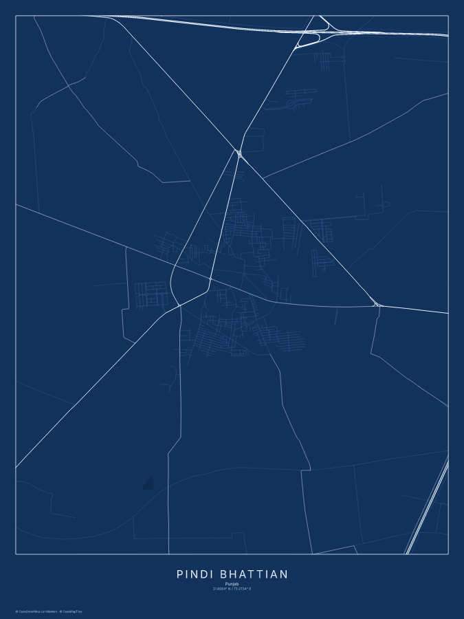 Pindi Bhattian map poster, blueprint style