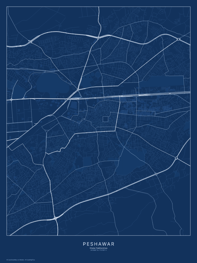Peshawar map poster, blueprint style