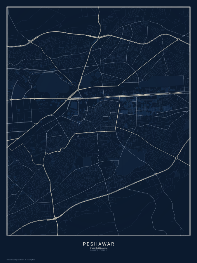 Peshawar map poster, midnight style